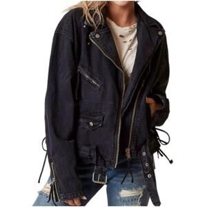 Free People black denim moto jacket Size Large Retro Biker Indie Grunge